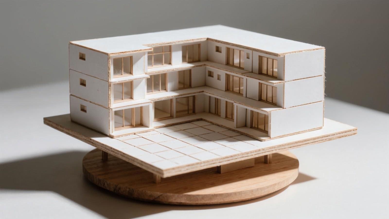 A white card model of a courtyard housing block with basswood edges on a wooden turntable, hard sun from the left throwing shadows across the courtyard