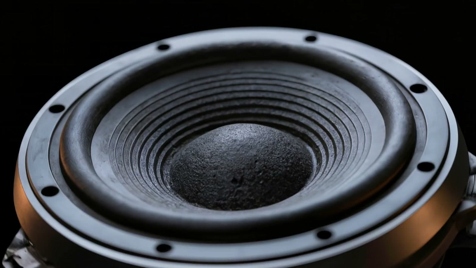 A matte black headphone driver seen head-on in cold studio light, one warm rim highlight on the ring