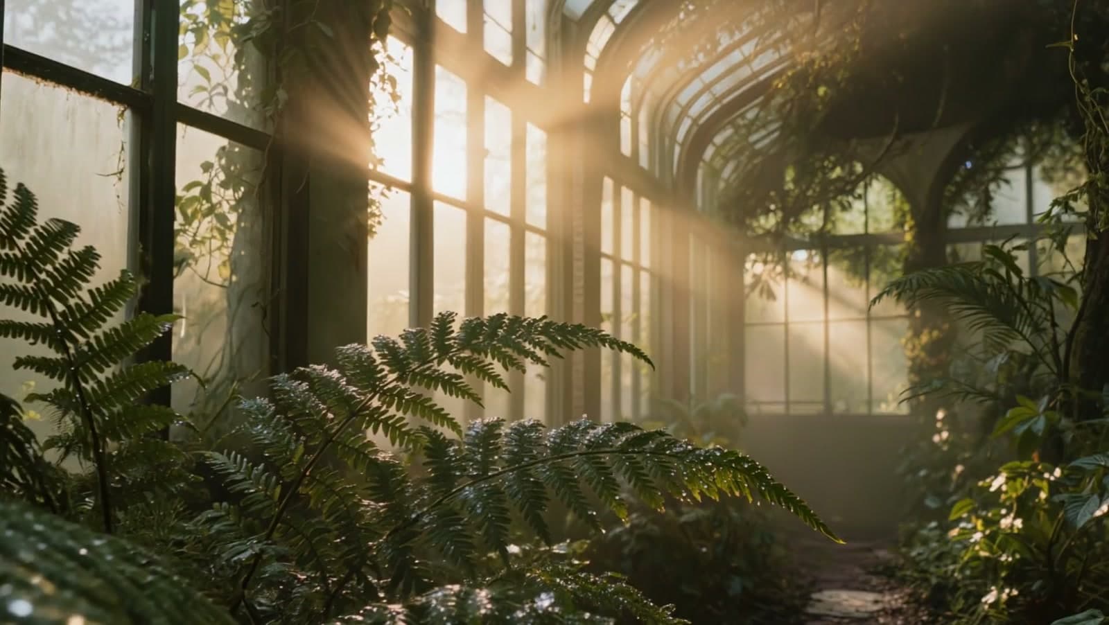Sunbeams breaking through the misted glass of a Victorian glasshouse over dark fern fronds