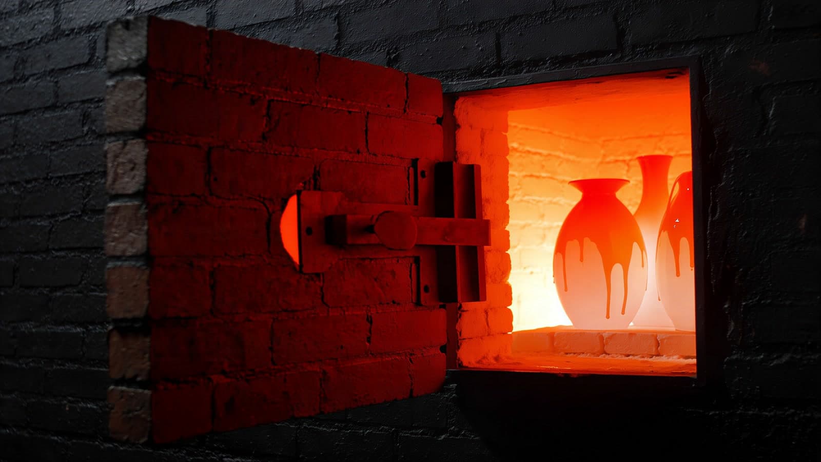 A firebrick kiln door with an iron latch hanging open on a soot black wall, three glazed vases inside glowing orange to white heat with glaze drips running down them