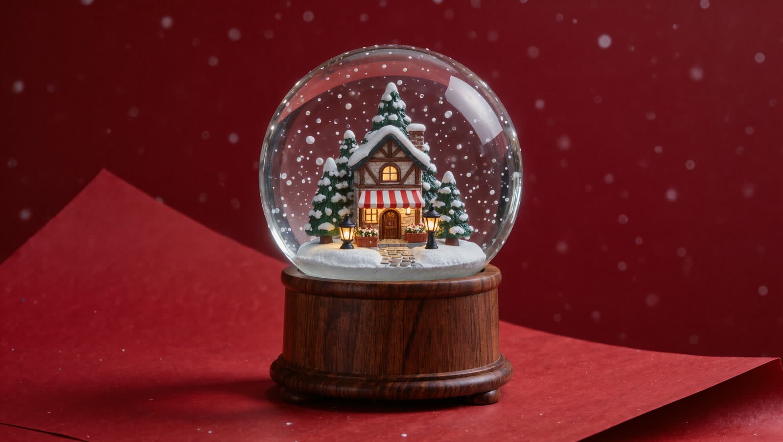 A glass snow globe on a walnut base on cherry red paper, a tiny snowy bakery with a striped awning glowing inside